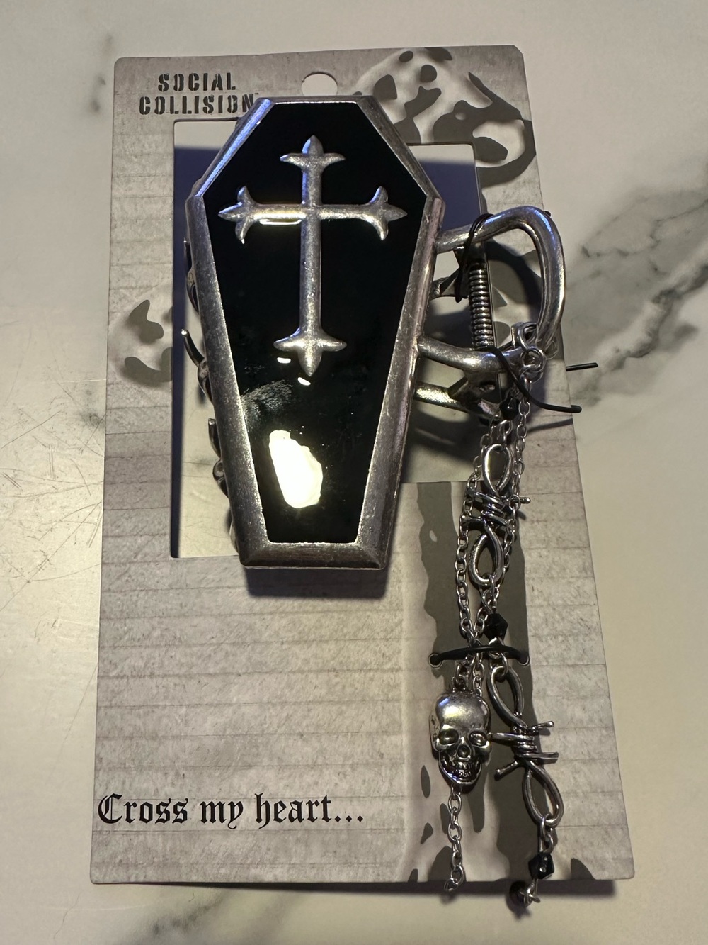 Hot Topic Social Collision Coffin Cross Hair Claw with Dangling Charms